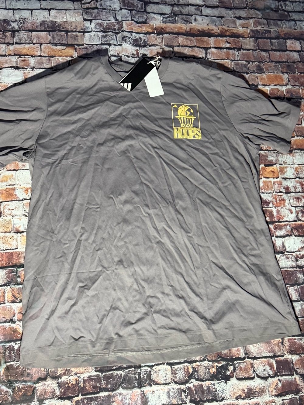 Men's Gray Graphic adidasT-Shirt with Yellow Hoops Logo